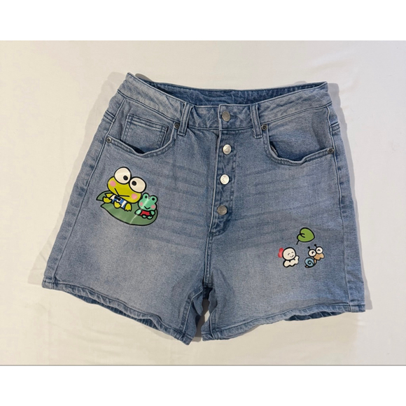Keroppi by Sanrio Pants - Keroppi by Sanrio Denim Mom Shorts Juniors 7 Blue Frog Snail Graphic Y2K Kawaii
